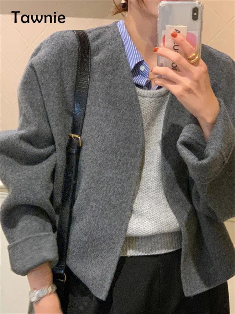 

Женское шерстяное пальто Tawnie, Элегантное повседневное свободное короткое пальто серого цвета с длинным рукавом, Осень-зима 2023