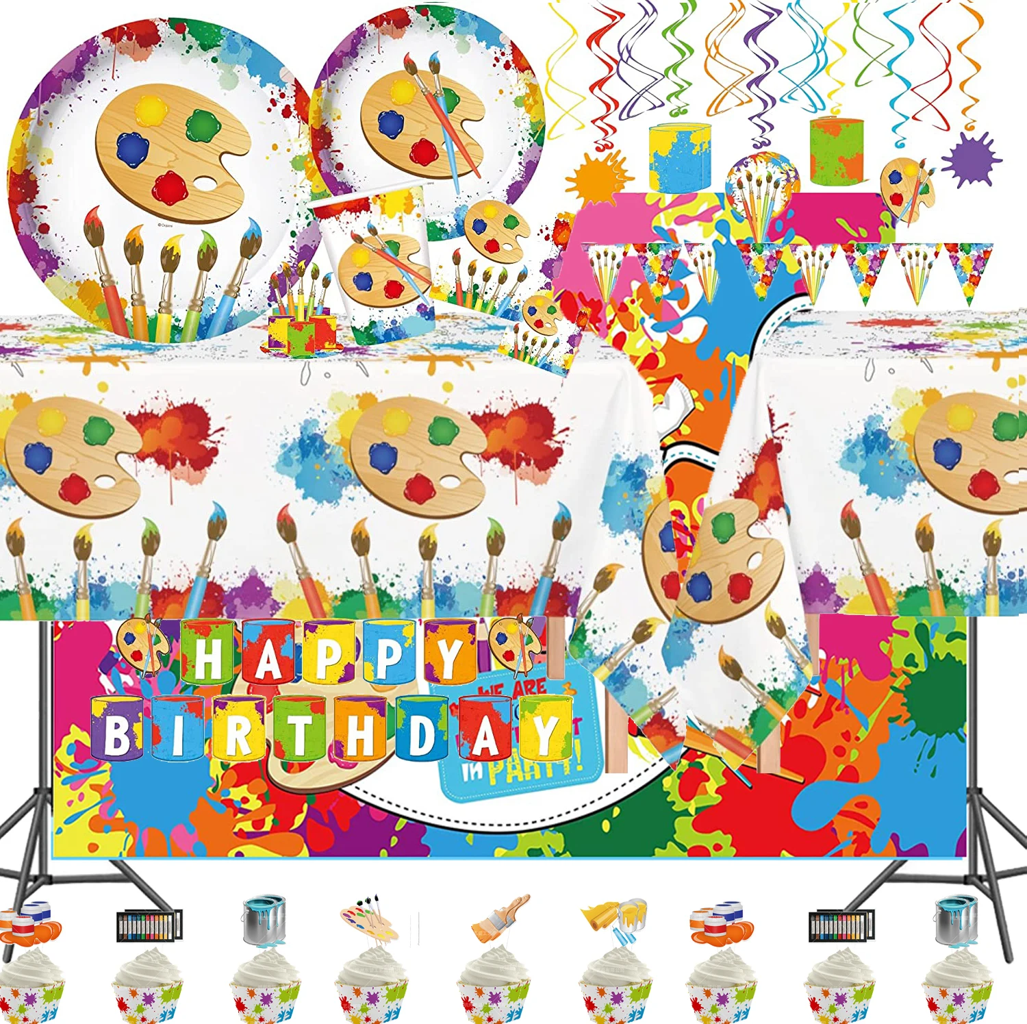 

Artist Birthday Party Decorations Plates Napkins Tablecloth Banner Cake Topper Swirls for Mess Art Graffiti Wall Brush Event