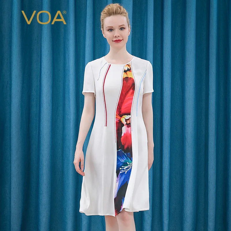 

VOA Silk 30m/m White Summer Dress AE127 Short-sleeved Dress Filler Panel Arch Needle Process Knee-length Dresses Print for Women