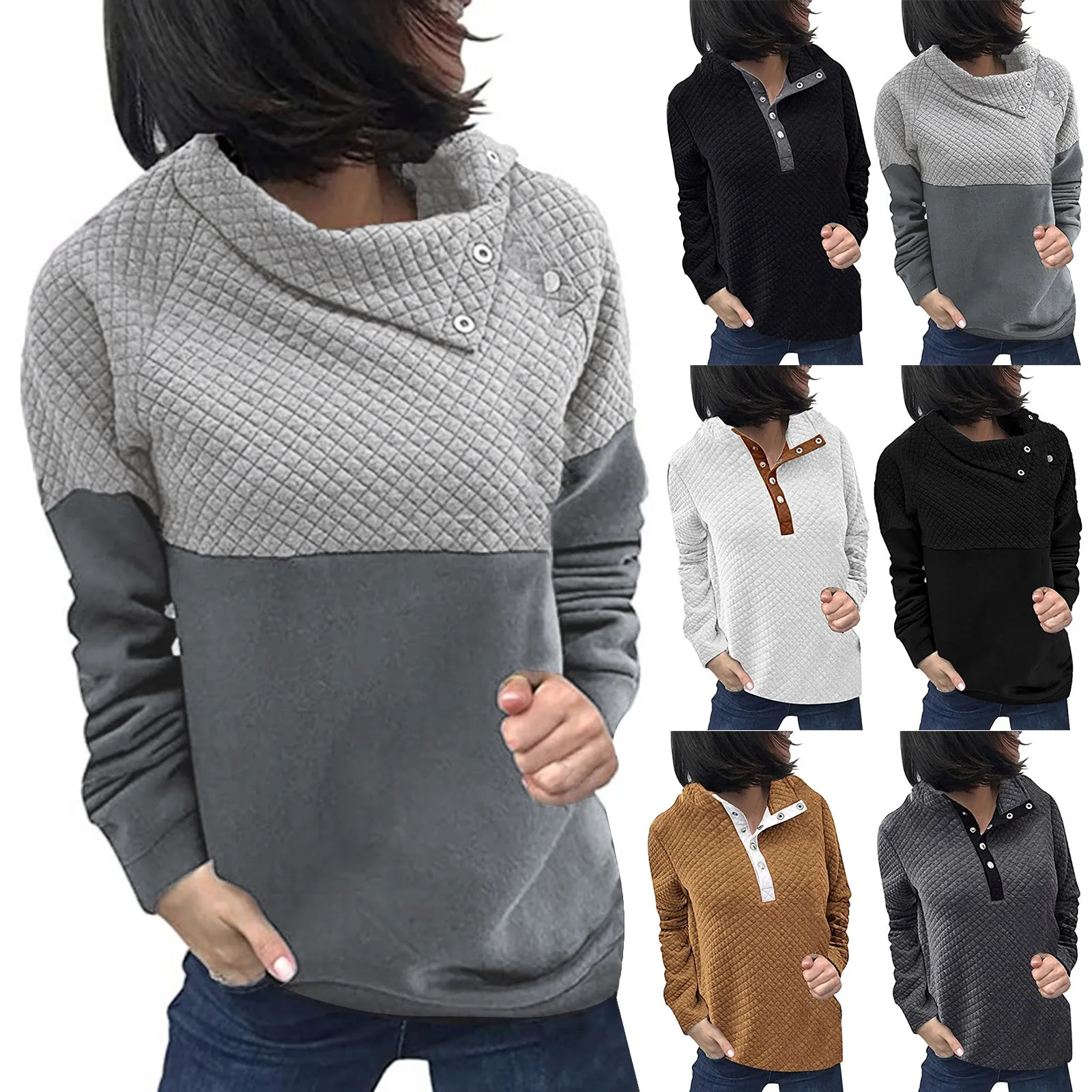 

Женская зимняя толстовка с высоким воротником на пуговицах, теплый однотонный модный Повседневный пуловер с длинными рукавами, милый Мешковатый свитшот