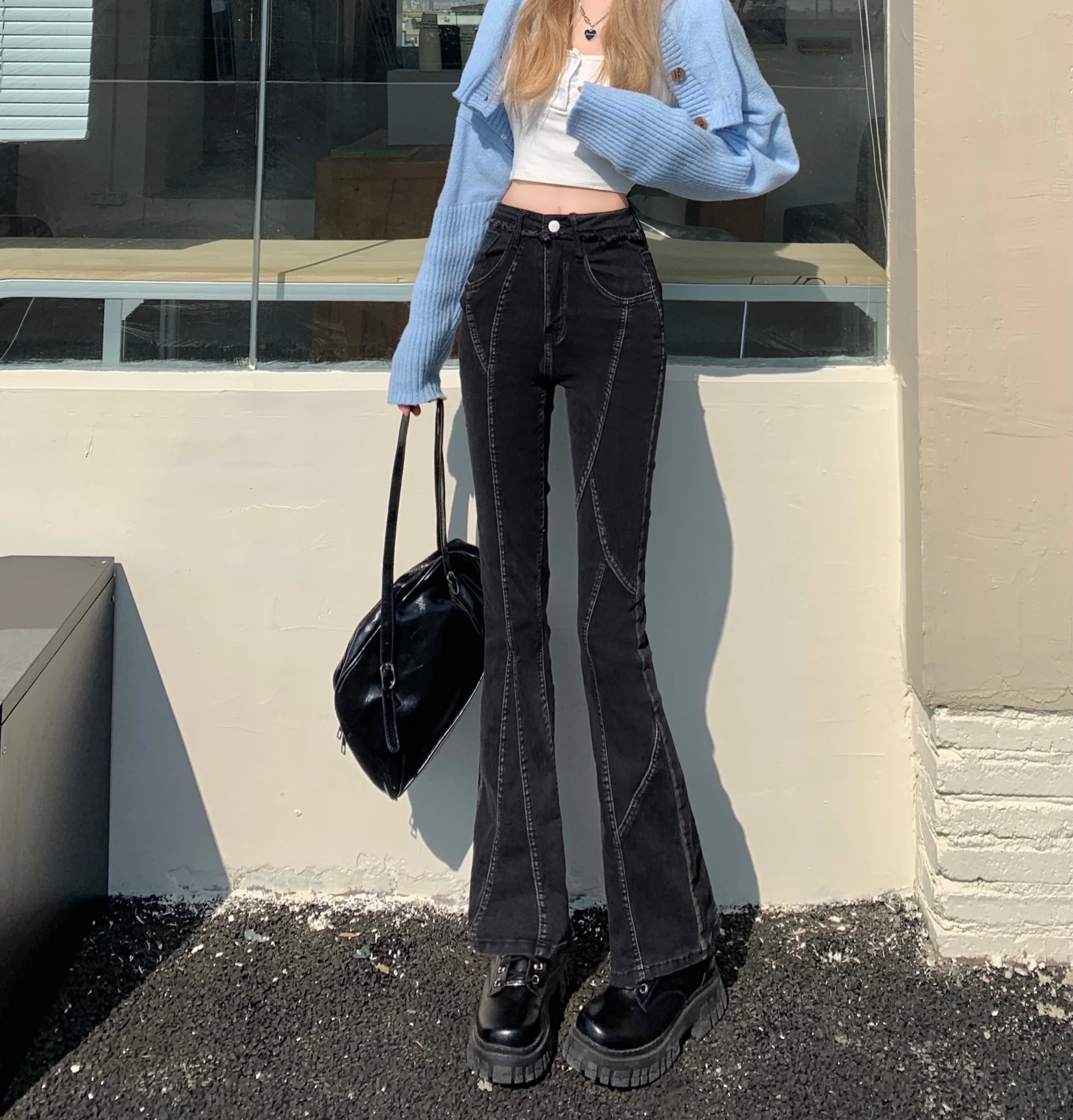 Ripped High Waisted Jeans for Women Korean Fashion Trends Patchwork Clothes Teenage Flare Denim Pant Vintage Streetwear Trousers