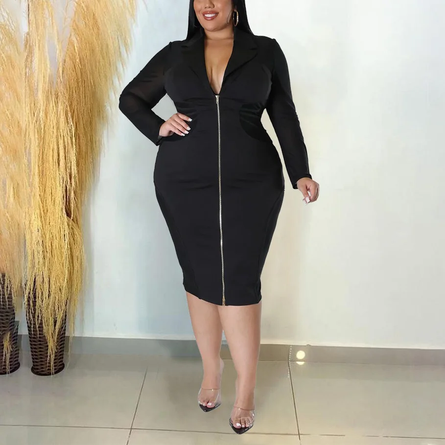 4XL 5XL Plus Size Dresses for Women Full Sleeve Zipper Closure Turn Down Collar Bodycon Fashion Evening Party Dinner Vestidos