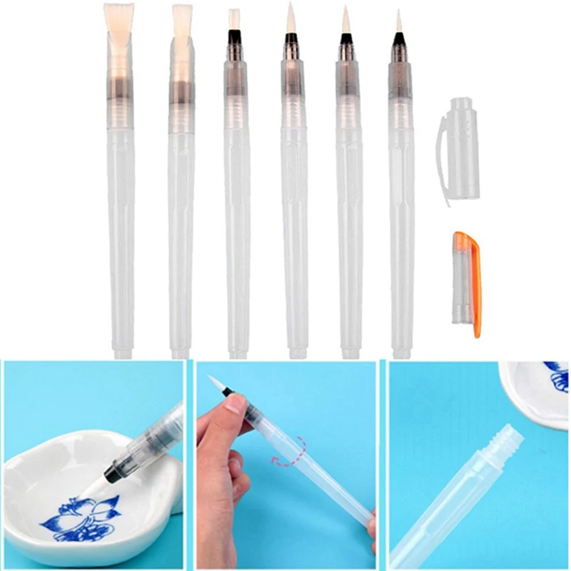 

Stylish Pen 6Pcs Refillable Painting brush Watercolor brush Water Tank Calligraphy Brush art marker pen water color