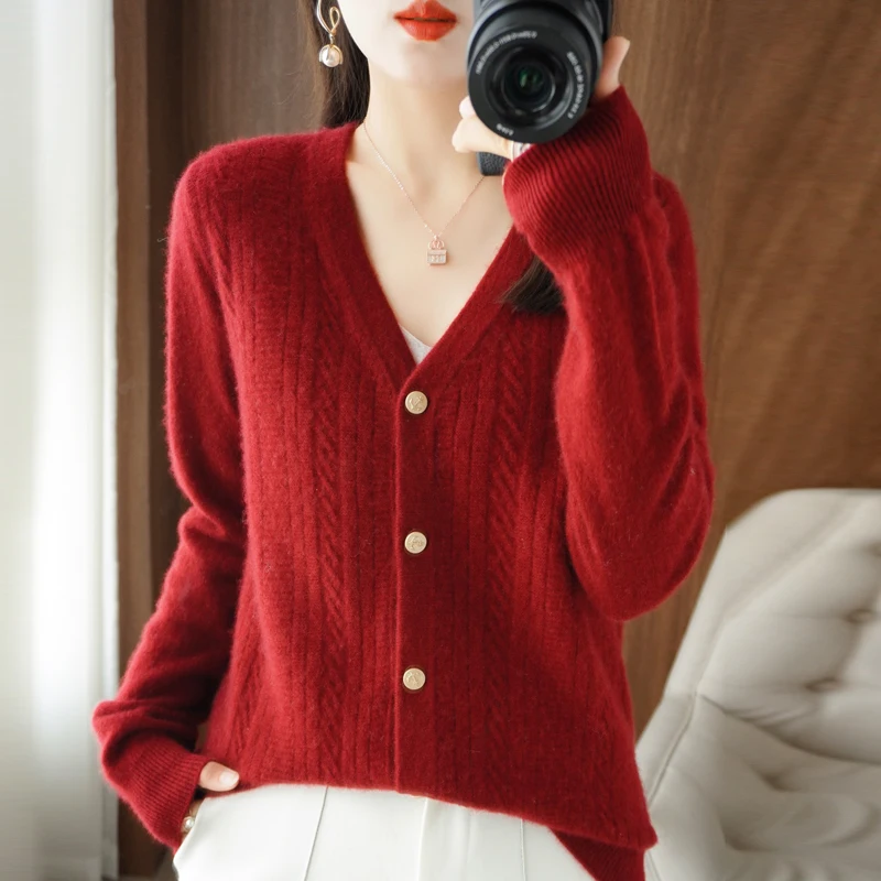 

Женский вязаный кардиган из чистой шерсти, свободный утепленный вязаный свитер с V-образным вырезом, утепленная кофта для осени и зимы