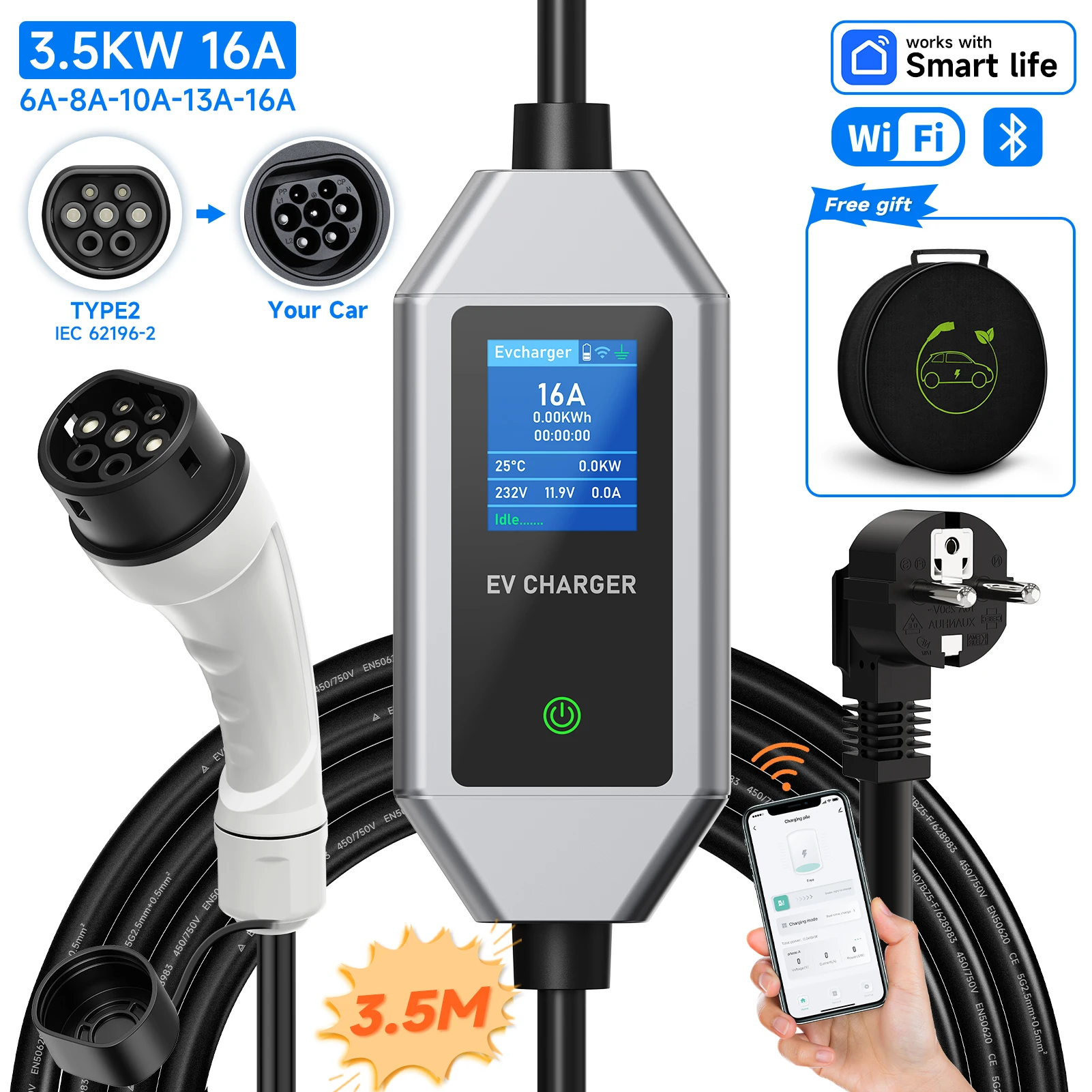 

AFYEEV 3,6 кВт, 16 А, тип 2, зарядное устройство для электромобилей, тип 1 ГБ/T, зарядка EVSE, кабель 3,5 м, вилка европейского стандарта, Wi-Fi, Bluetooth, приложение, дистанционное управление, однофазный