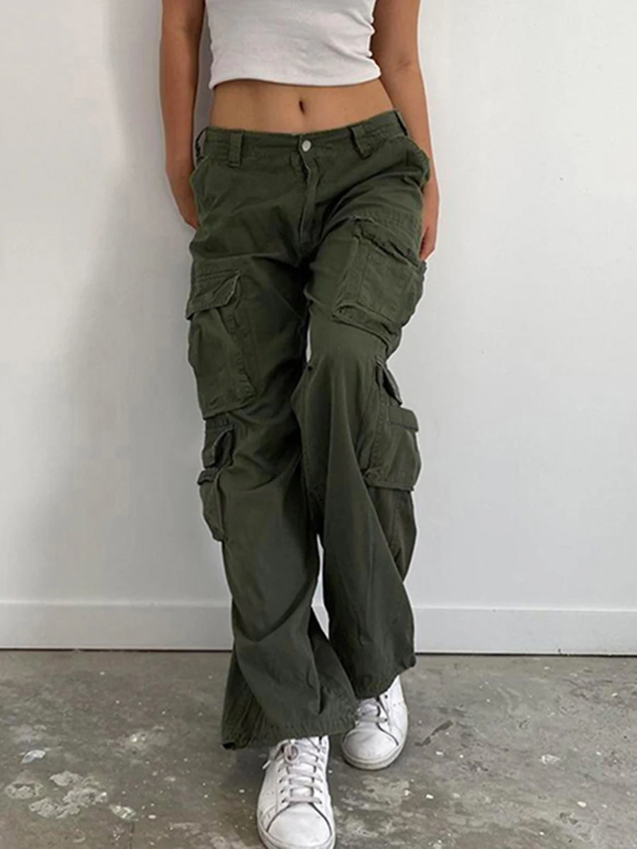 

Women's Casual Cargo Pants Fashion Low Waist Solid Color Flap Pocket Wide Leg Denim Jeans Trousers Streetwear
