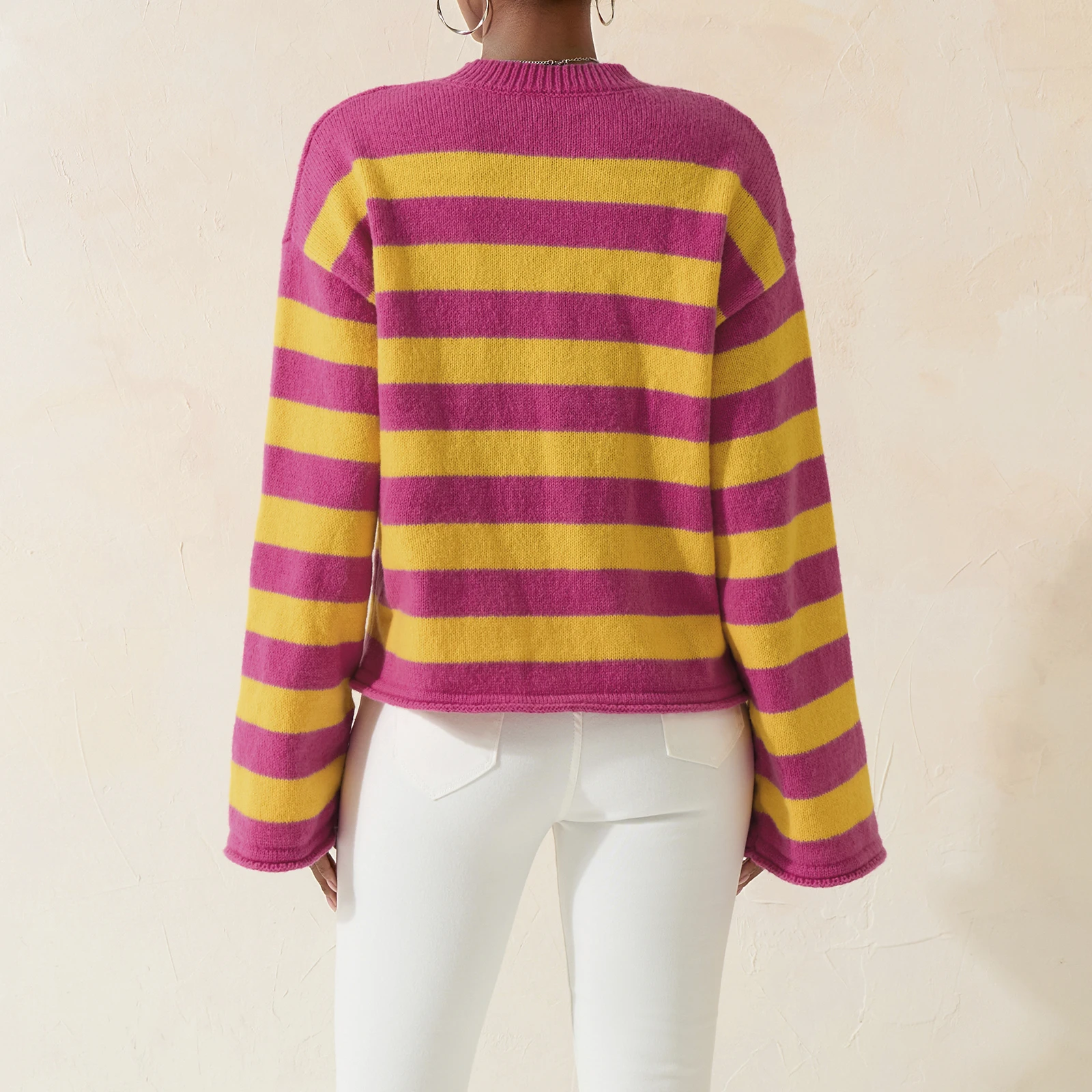 Женский осенний полосатый свитер с цветочным узором свободные вязаные топы