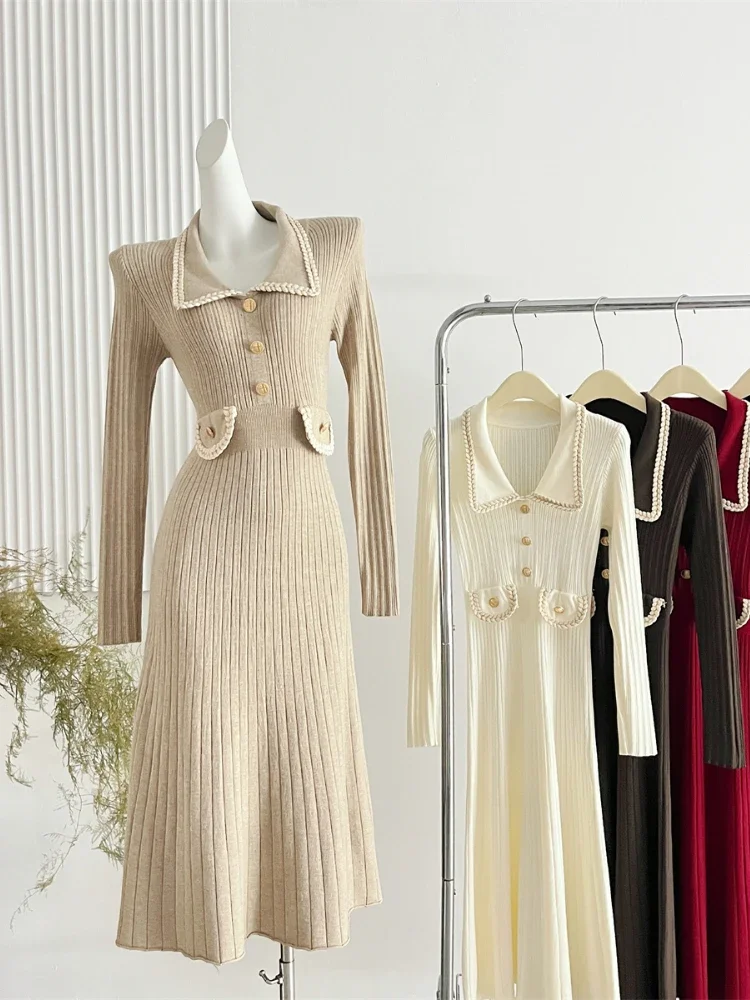 Женское элегантное трикотажное платье осень-зима французское тонкое винтажное