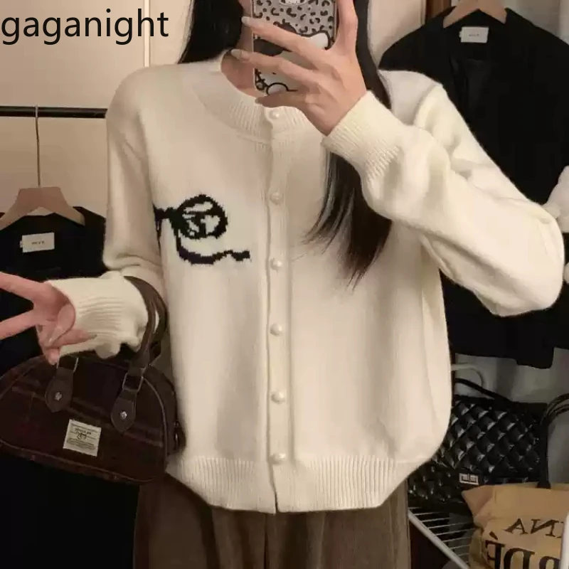 Gaganight Женский жаккардовый мягкий вязаный кардиган с бантом и лентами осень 2024