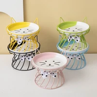 ceramic elevated pet cat bowl with metal stand puppy feeding cute cartoon food storage dog dishes protect spine accessories 2022