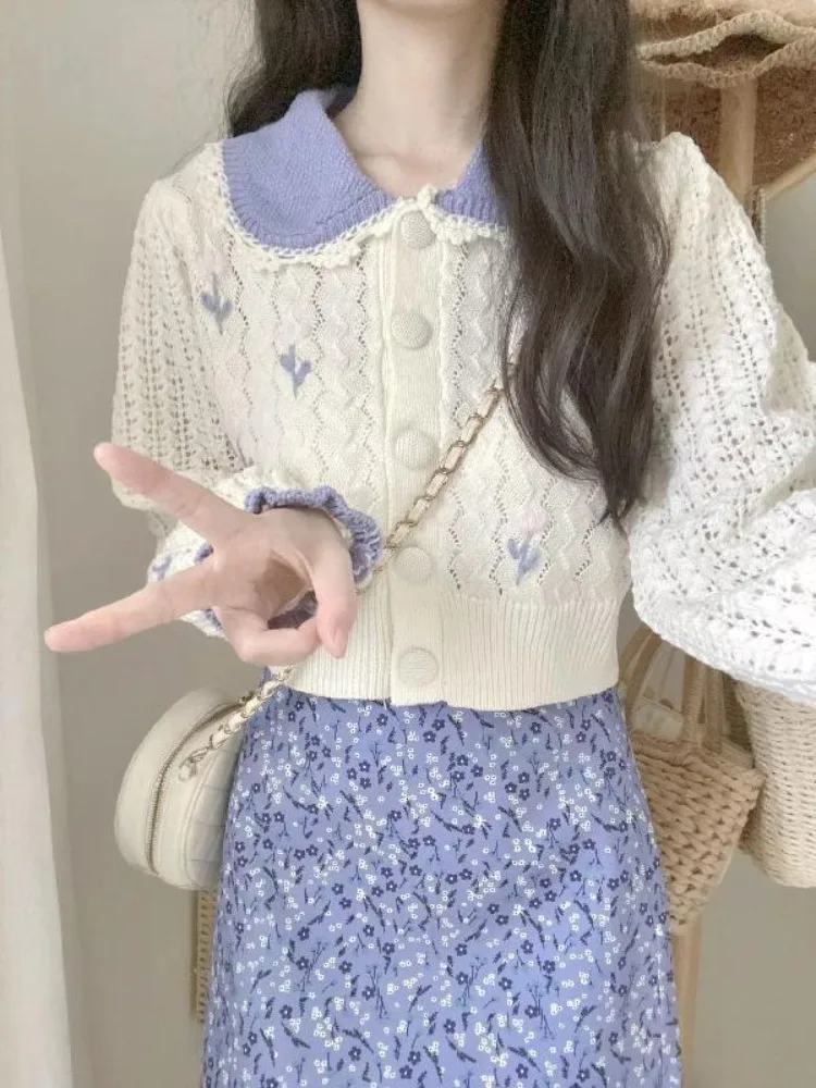 e przycięty sweter Ezgaga damski kwiaty Flare z długim rękawem znosić kołnierzyk Piotruś Pan słodki elegancki dziergany bluzki damskie