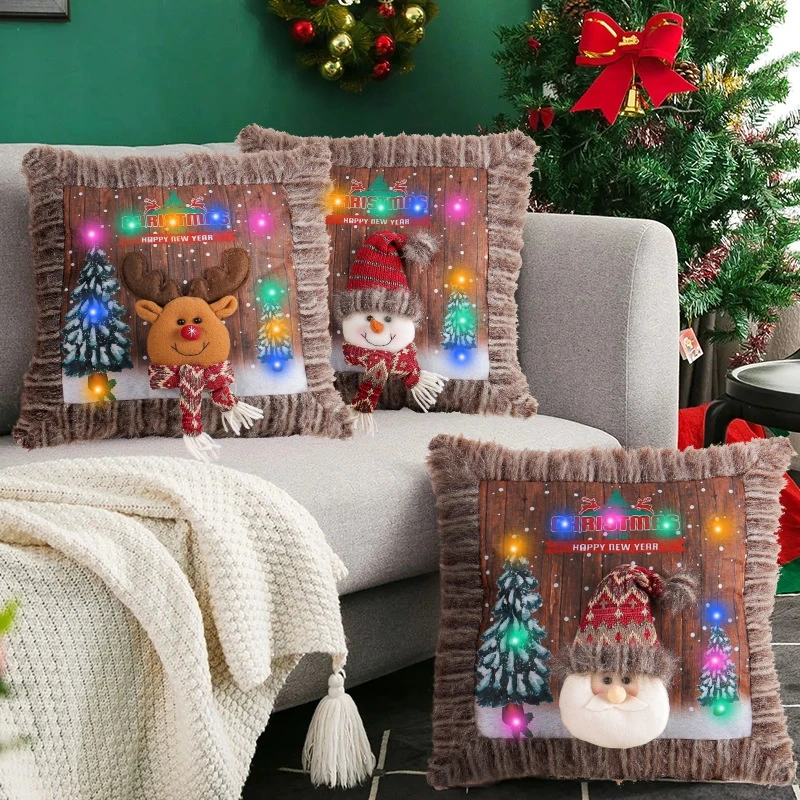 

Christmas Decorations Cross-Border Plush Luminous Pillowcases Santa Claus Pillows Snowman Living Room Sofa Cushions