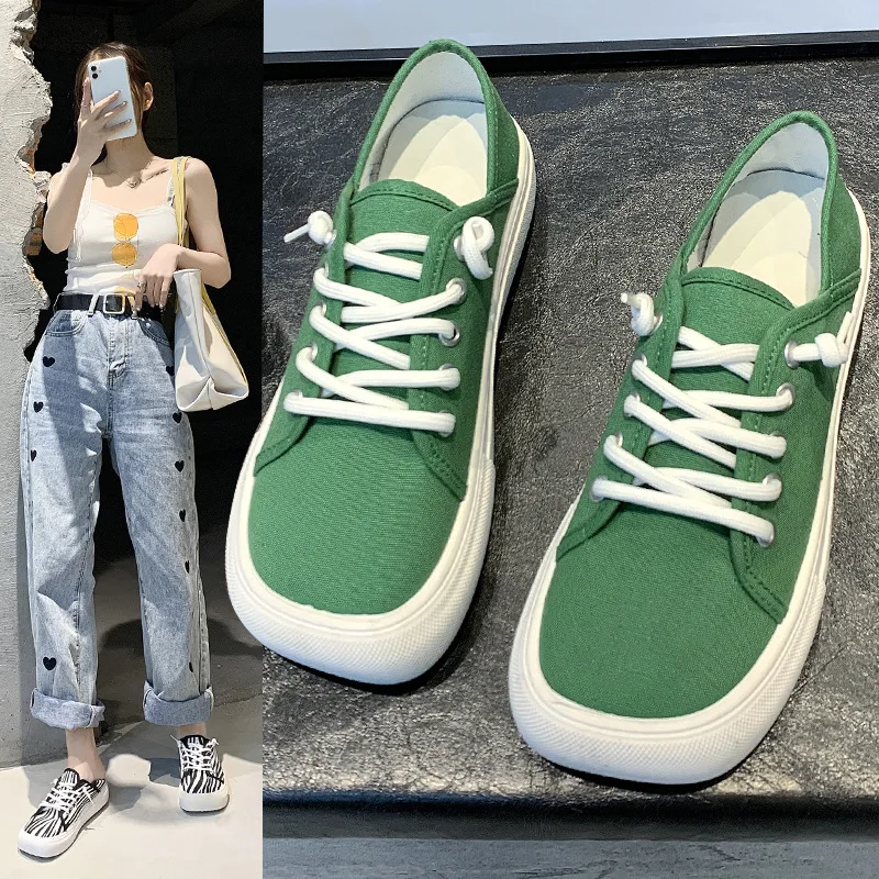 

Platform Canvas Shoes for Women New Square Toe Laces Korean Fashion Sneakers Plaid Leopard Print Student Single-Layer Shoes