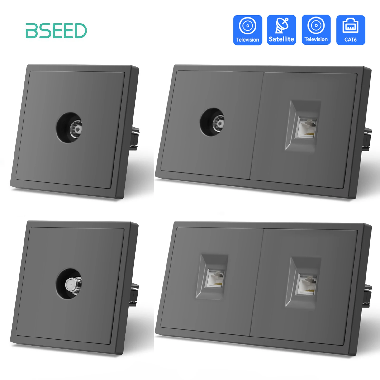 BSEED EU Standard Internet Socket CAT6 Type RJ45 Wall Telphone Jack Glass Panel Network For Computer