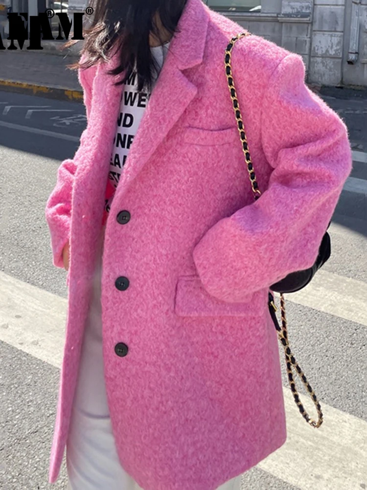 

[EAM] Loose Fit Pink Color Long Big Size Woolen Coat Parkas New Long Sleeve Women Fashion Tide Autumn Winter 2022 1DE3207