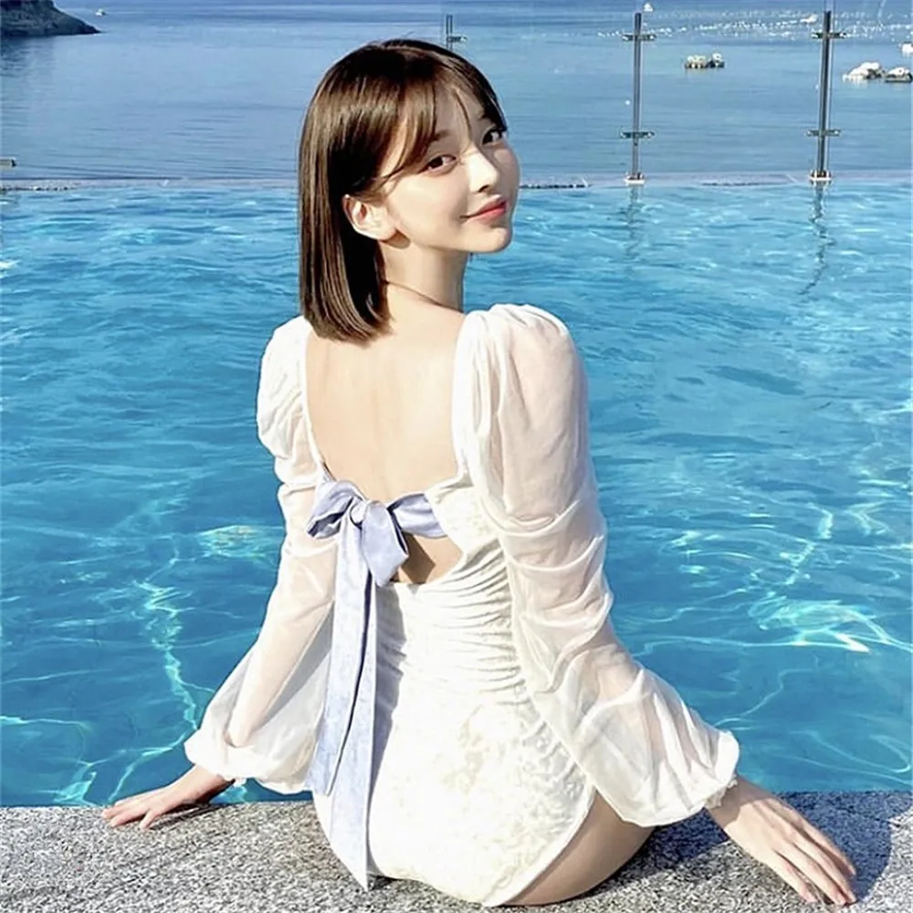 Бархатный Цельный купальник Женский однотонный монокини с длинным рукавом