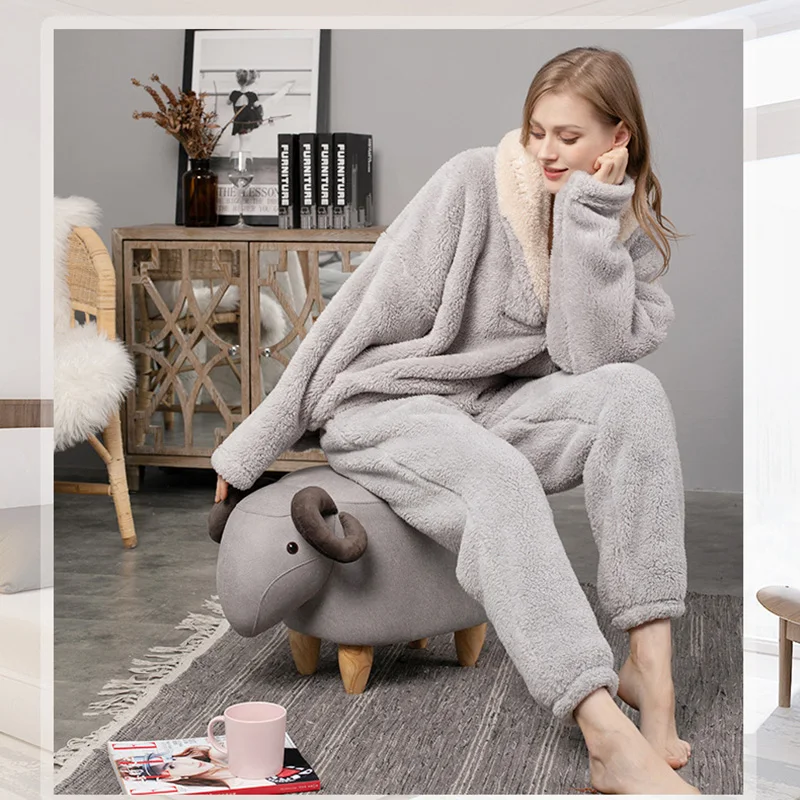 Warm Winter Flannel Pajama Set Womens Fleece 2 Pieces Sleepwear Casual Loose Homewear Outfit Thickening Hooded Nightwear Female