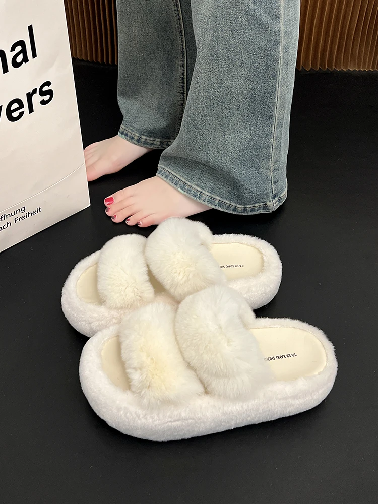 

Flock Fur Shoes Slippers Casual Slides Platform Med Slipers Women Plush Luxury 2023 Flat Massage Rome PU Rubber Female Shoes Sli