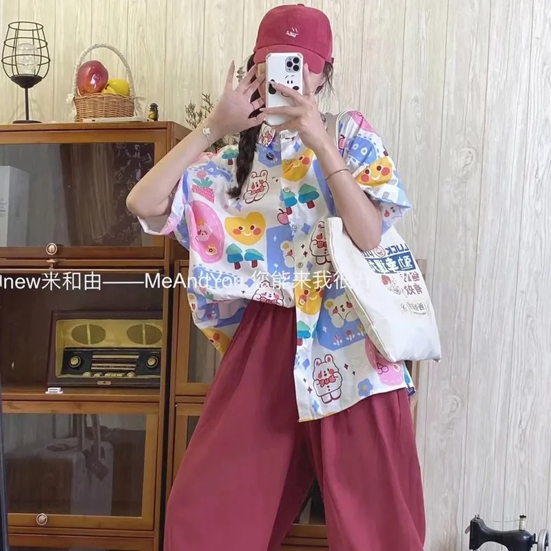 Рубашка HOUZHOU Kawaii с аниме летняя в японском стиле Харадзюку милая блузка оверсайз