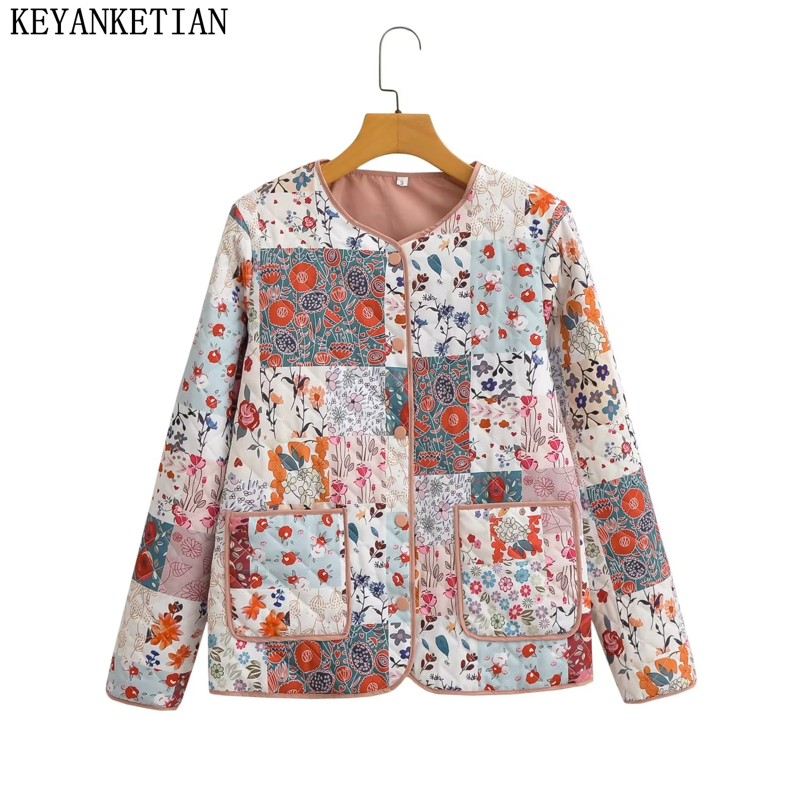 

Новинка осень/зима от KEYANKETIAN, однобортная Женская стеганая парка с цветочным принтом и двойными карманами, укороченный топ
