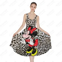 Disney Leopard print  Robe Women Long Summer New Short-Sleeve Dress Tunic Women'S Midi Dress Casual Short Sleeve