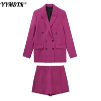 2022 new office suit pants two piece fashion double breasted mid length ladies jacket high waist short skirt high quality