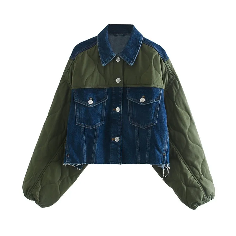 Winter Patchwork Coat Street Stitching Clothing Retro Split Denim Coat 2023 New Ladies Lapel Long-sleeved Oversized Coat