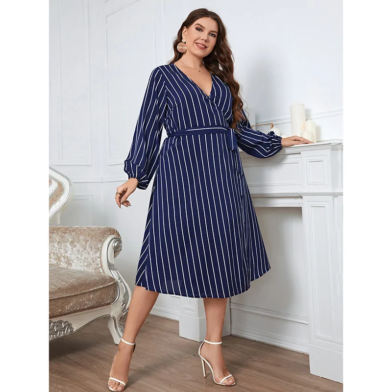 Plus Size Dresses For Women Spring 2023 Elegant Fashion Long Sleeve Striped Wraped Midi Party Dress Sexy V Neck Loose Dress 4XL