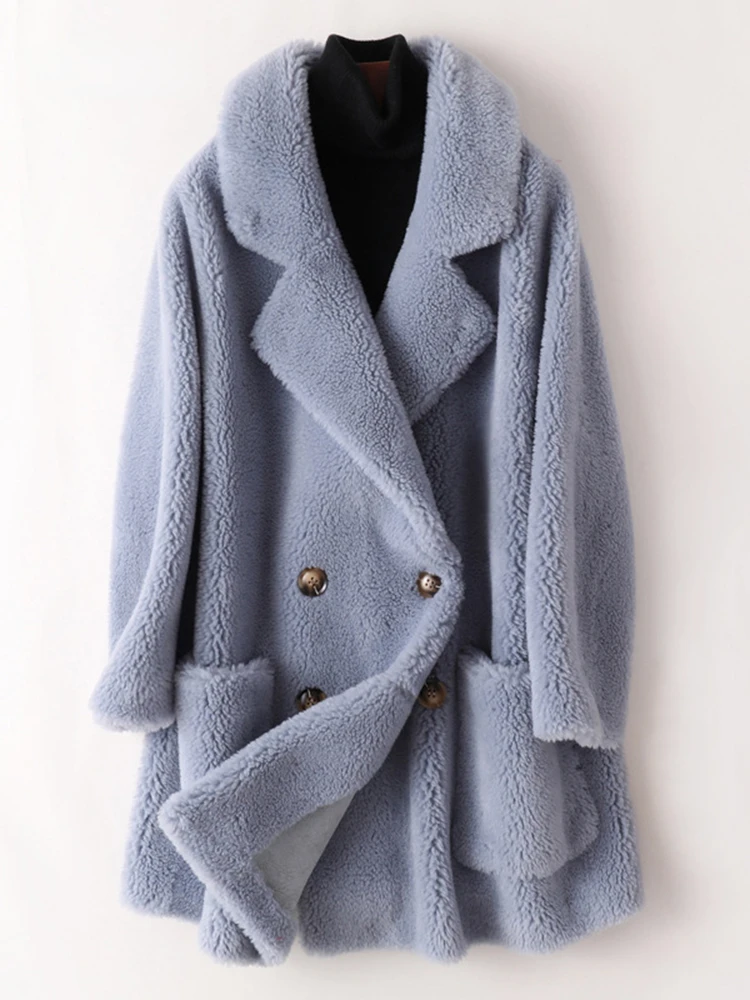 

Женское пальто из овечьей шерсти с карманами, женская зимняя двубортная верхняя одежда из натурального меха, теплая Роскошная куртка