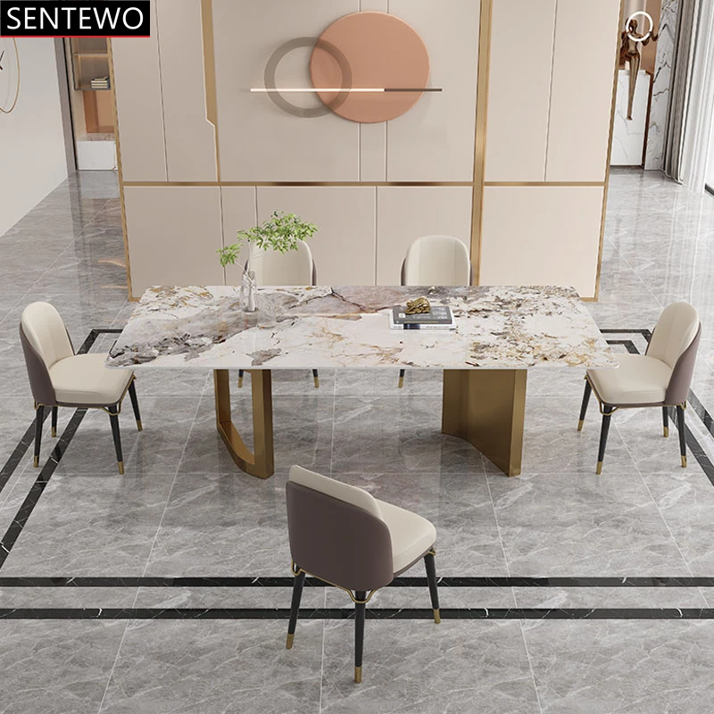 

Designer Luxury Marble Rock Slab dining table set 4 6 8 chairs mesa de jantar comedor furniture meuble Stainless steel gold base