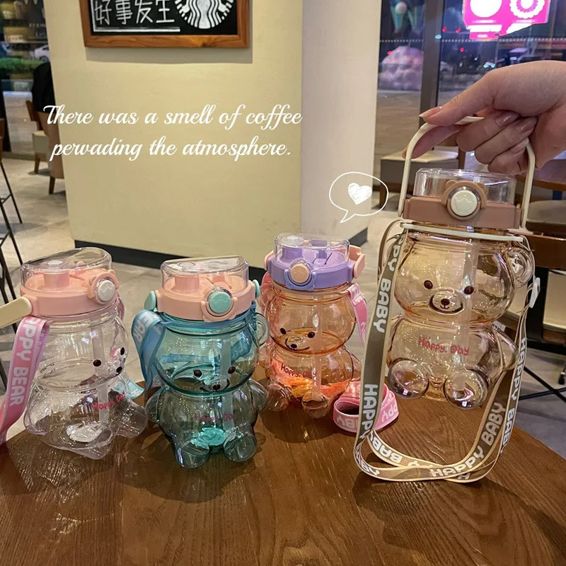 

1L Bear Straw Water Bottle Summer Large Capacity Plastic Straw Drinking Cup Cute Children Water Cup Kawaii Bear Kettle