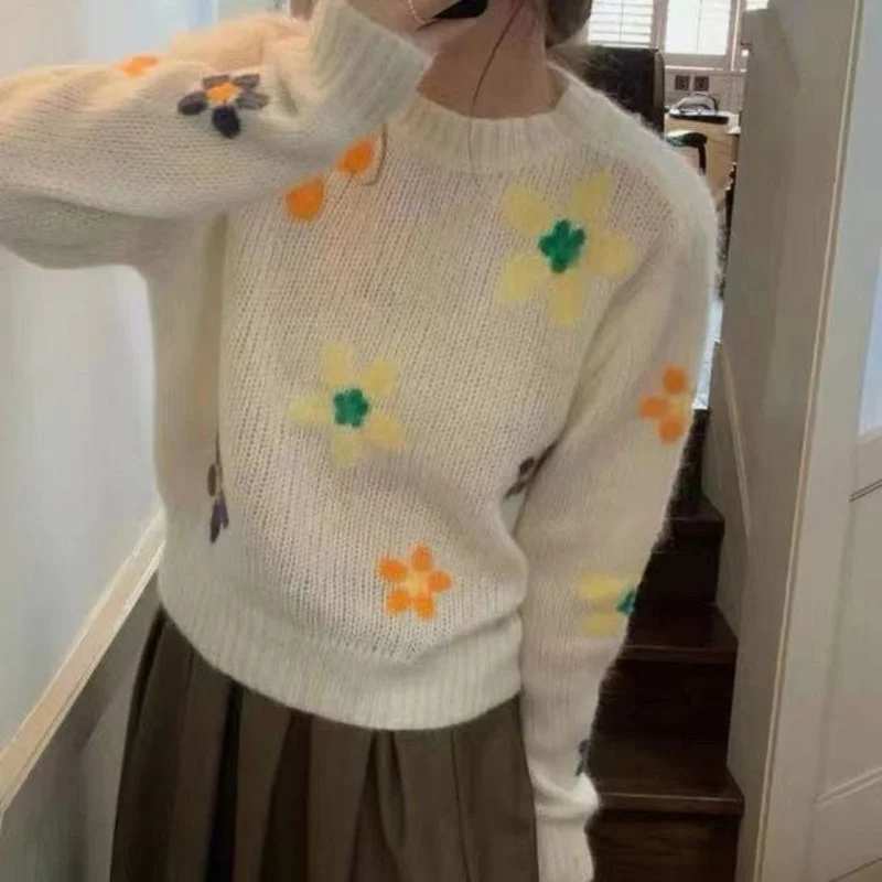 Round Neck Printed Pullover Sweater Western Style Loose 2022 Spring and Autumn New All-match Long-sleeved Knitted Top Women