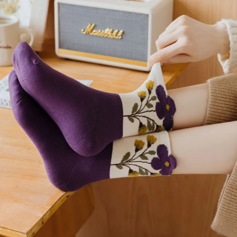 5 Pair Print Wool Socks Women Three-Dimensional Flowers Long Thick Winter Socks Cute Soft Girls Streetwear Leg Warmers Keep Warm