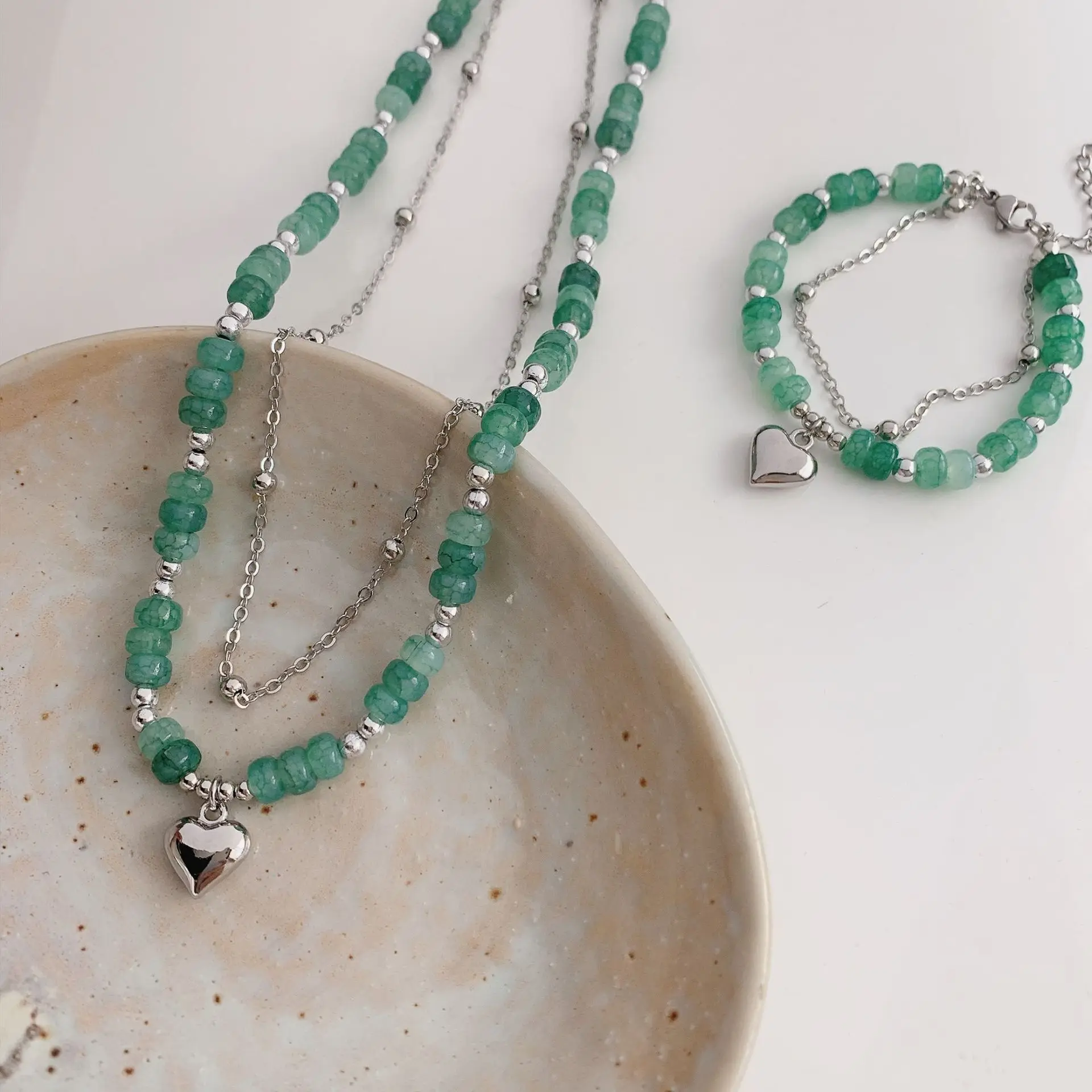 

Luxury Retro Heart Pendant Necklace for Women New Trend Girls Jewelry Bead Chain Bracelet Birthday Gifts