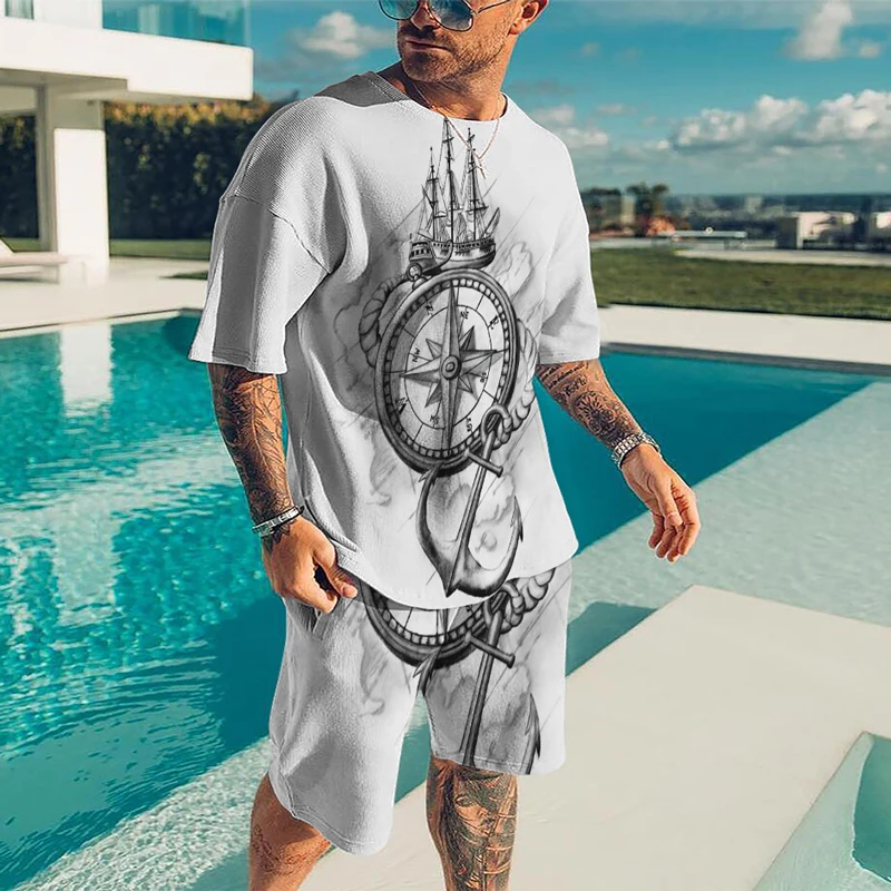 

Summer New Nautical Themed Compass Map Solid Color 3D Printing Hot Sale Oversized Round Neck T-Shirt + Shorts Casual and Comfort