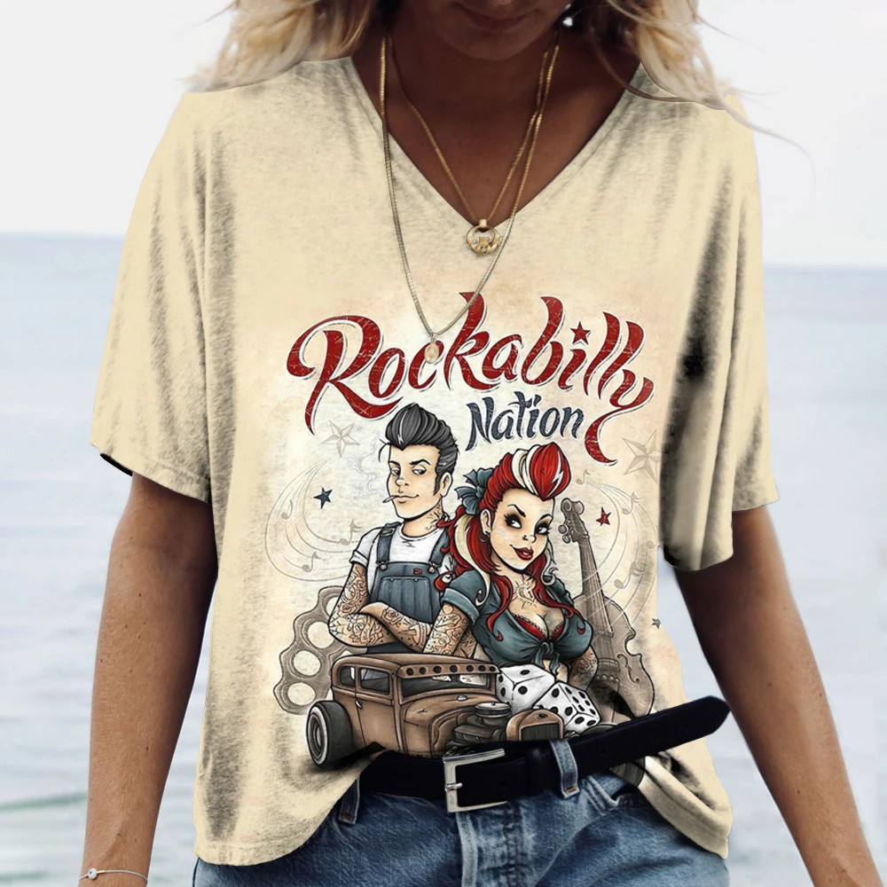 

Vintage Women's T-shirt US Route 66 Print Shirt V Neck Oversized Streetwear Tees Harajuku Clothes Female Casual Short Sleeve Top