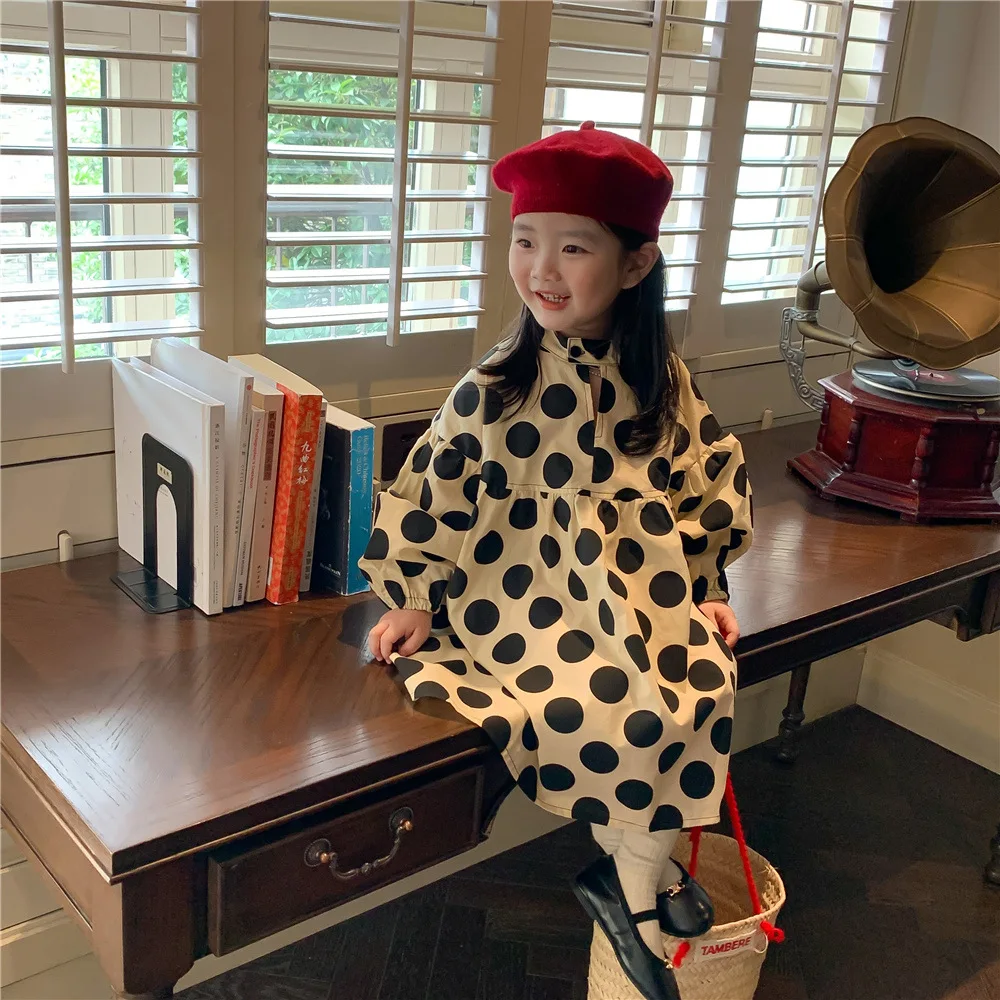 

Children's Clothing 2022 Autumn New Girl's Korean Long-Sleeved Polka Dot Dress