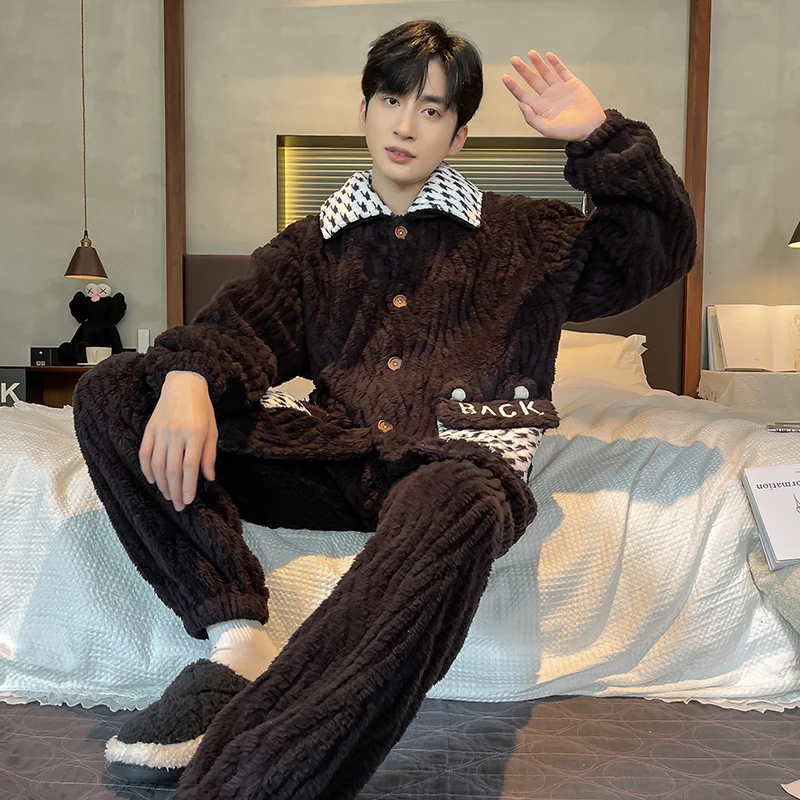 QUHENG Winter Men's Warm Pajama Sets Thick Flannel Pyjama Fashion Hooded Autumn Couple Male Cartoon Pajamas for Men Sleep