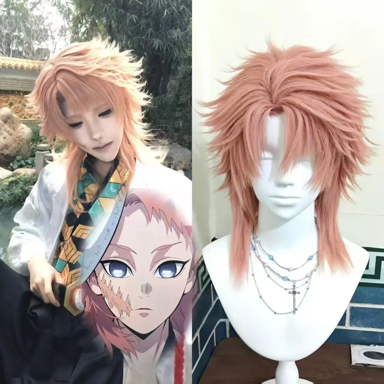 Фото Парик для косплея Sabito Anime, розовый, короткий, из синтетических волос, для Хэллоуина, карнавала, вечеринки, Comic Con, сценических выступлений №1