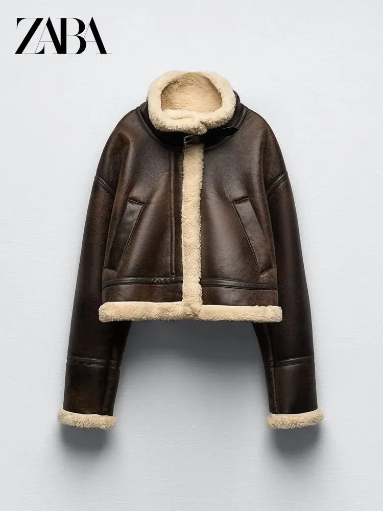 

ZABA Autumn Winter ZAR Woman Brown Faux Leather Jacket Long Sleeve Thickening Patchwork Lambswool Zip Short Motorcycle Jackets