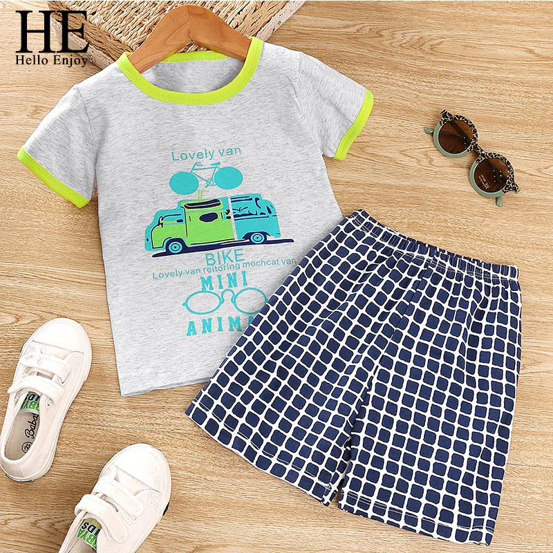 

HE Hello Enjoy/модный костюм для маленьких мальчиков летняя повседневная одежда, костюм футболка для велоспорта с рисунком клетчатые шорты детск...