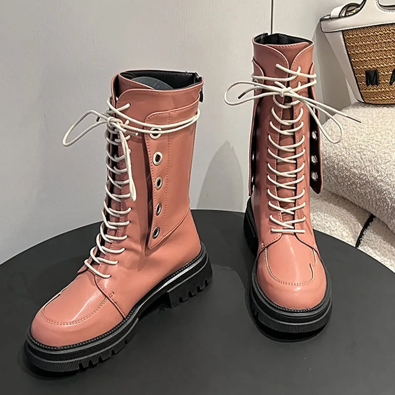 

Women Flats Platform Chelsea High Boots Winter 2022 New Chunky Goth Motocycle Mid Calf Boots Casual Shoes Fashion Snow Zip Botas