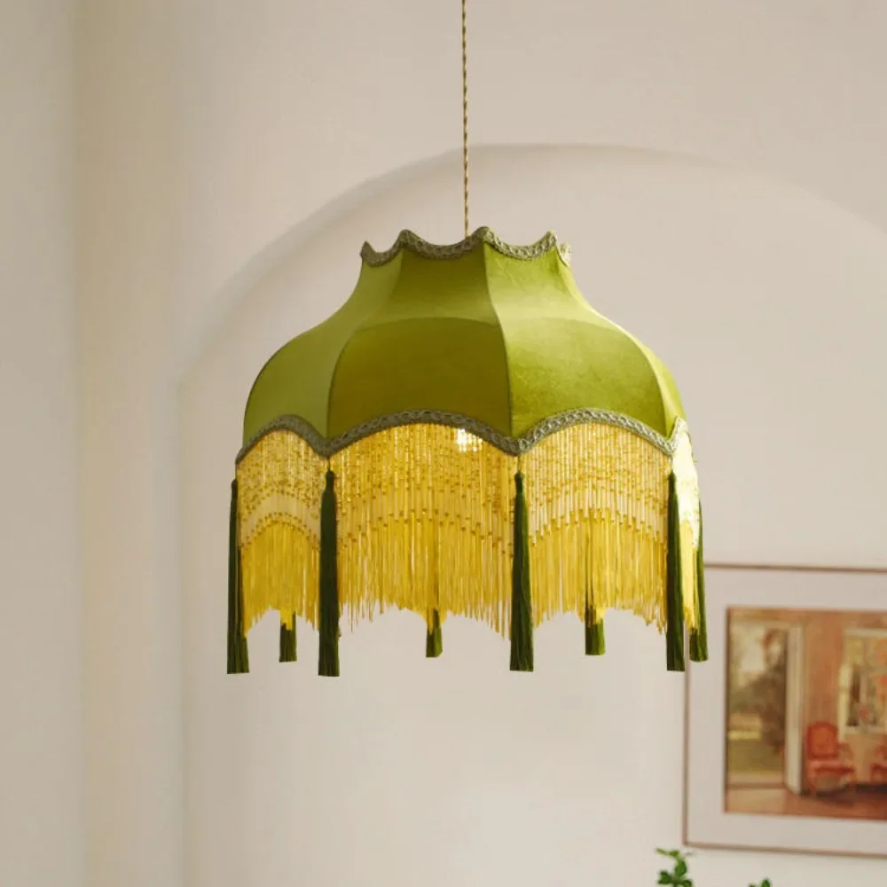 Винтажная Потолочная люстра зеленая тканевая прикроватная лампа с кисточками