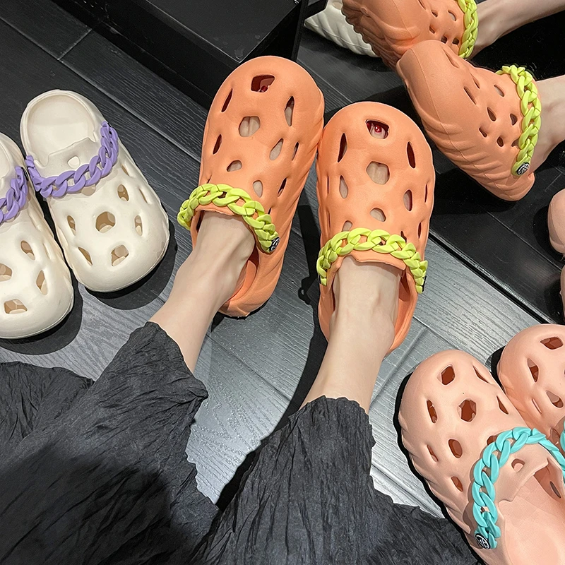 

Women Summer Clogs Slippers Women Men Eva Candy Color Design Sandals With Chain Female Hollow Sandals Flat Casual Slippers