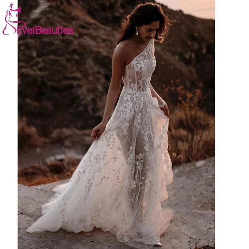 

Женское свадебное платье на одно плечо, кружевное богемное платье невесты, пляжное платье невесты, платье для невесты