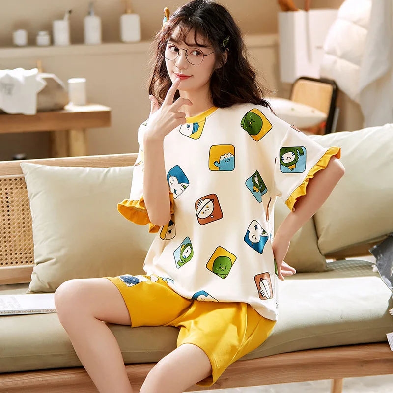 Cotton Women Pajamas Sets Cartoon Pyjamas Female Loungewear Pijamas Short Sleeve Top Shorts Suit Sleepwear Nightwear Sweatsuits