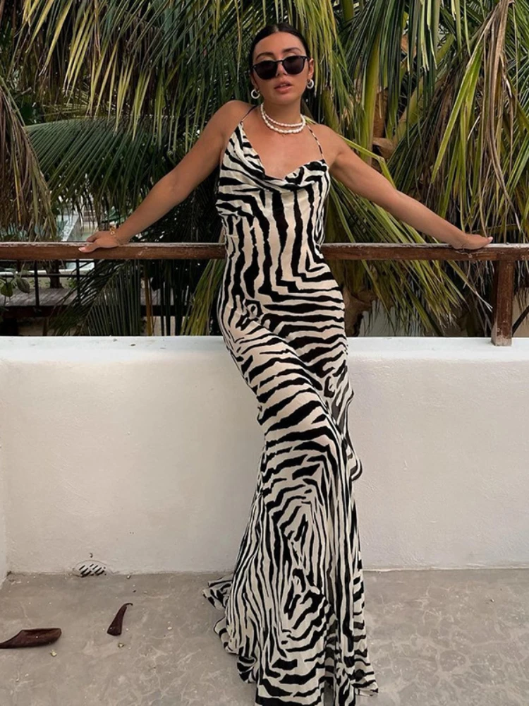 

Zebra Print Women's Long Summer Dress for Beach Backless Sexy Split Maxi Dresses Elegant Women Party Evening Holiday Dress 2023