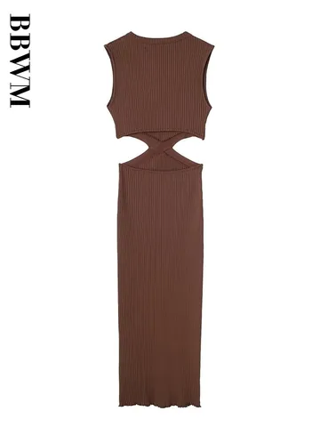 Knitted Long Dresses for Women Open Design Bodycon Dress Woman O Neck Sleeveless Chic Female Dress Summer 2023 Sundress Women