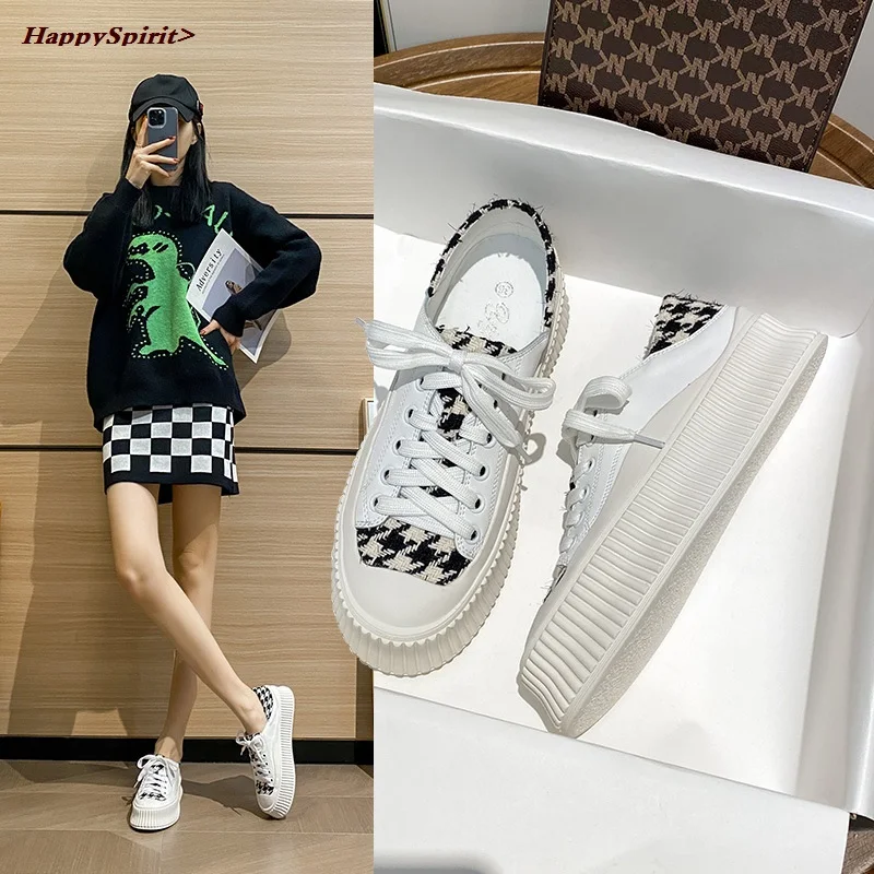 

Women Flat Platform White Sneakers Leather Soft Spring Fashion Comfort Casual Thick Bottom Ladies Shoes