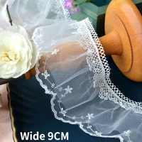 9cm wide double layers mesh embroidered ribbon beaded fringe lace edge ruffle trim wedding dress collar sewing applique decor